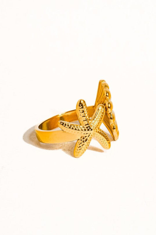 Golden Seashell & Starfish Open Ring