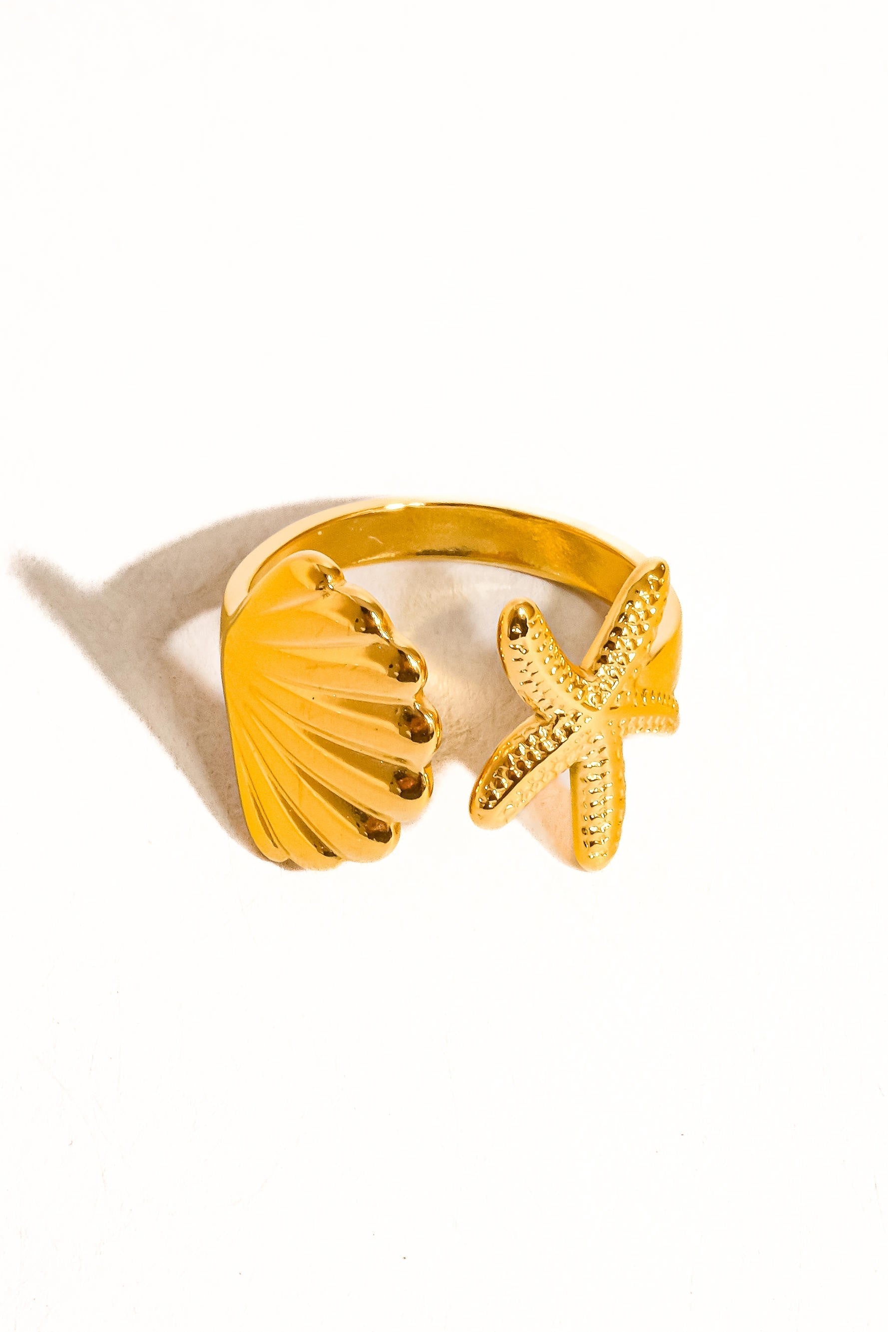 Golden Seashell & Starfish Open Ring