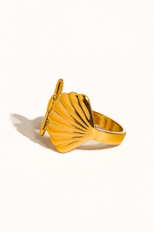 Golden Seashell & Starfish Open Ring