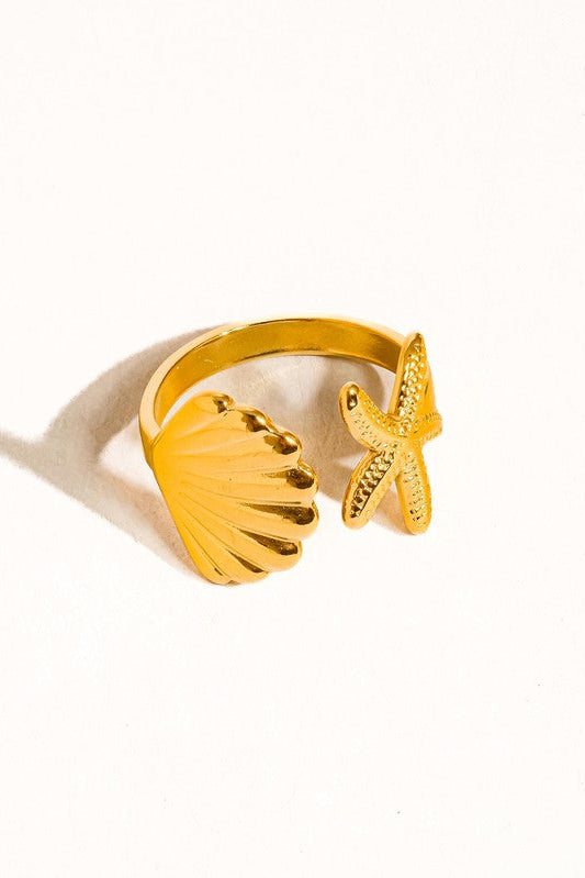 Golden Seashell & Starfish Open Ring
