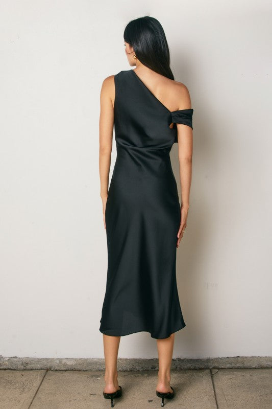 Laura Black Asymmetrical Satin Midi Dress with Gold Detail