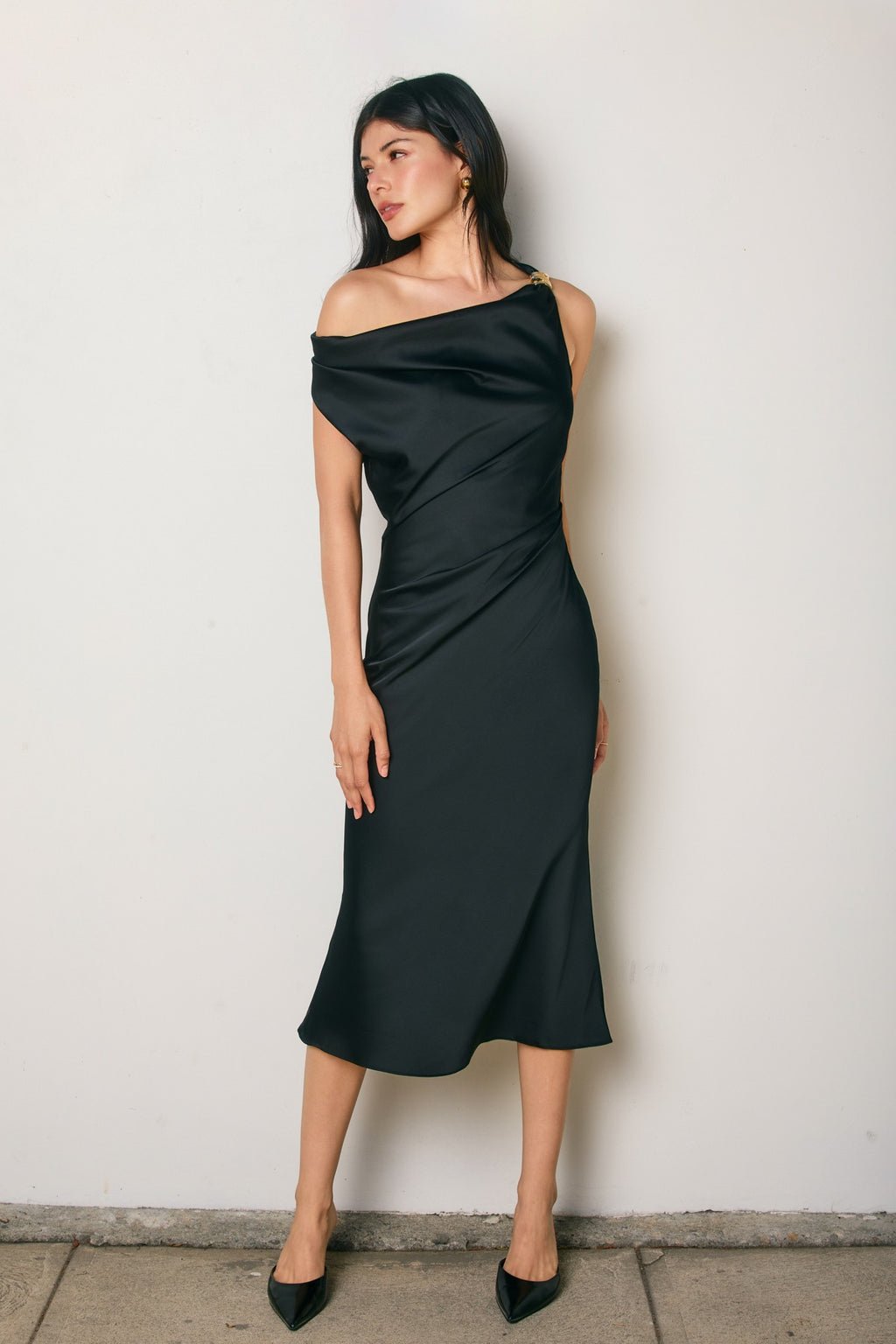 Laura Black Asymmetrical Satin Midi Dress with Gold Detail