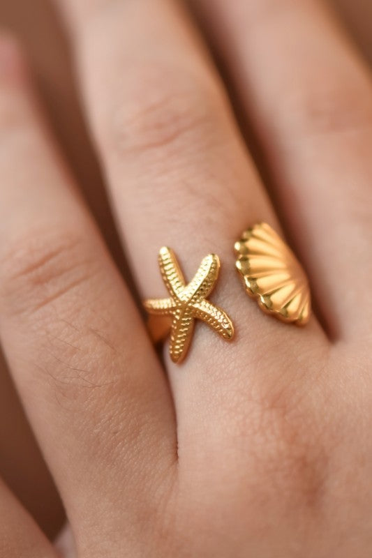 Golden Seashell & Starfish Open Ring