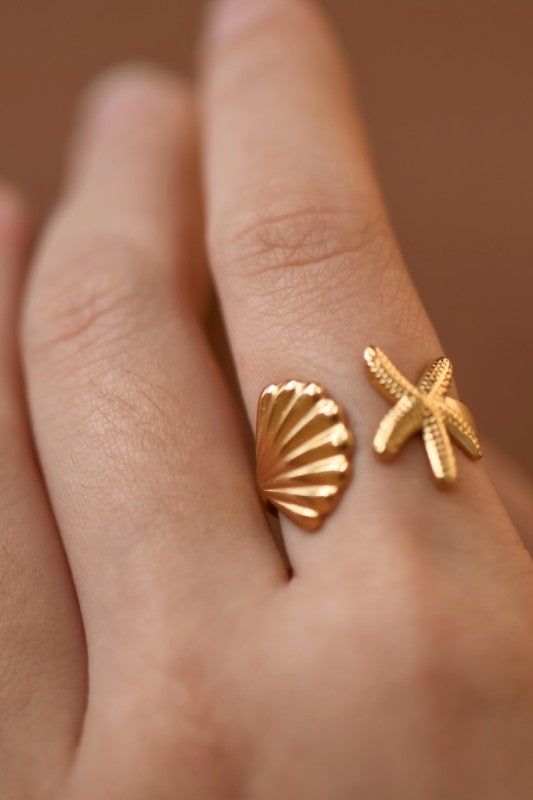 Golden Seashell & Starfish Open Ring