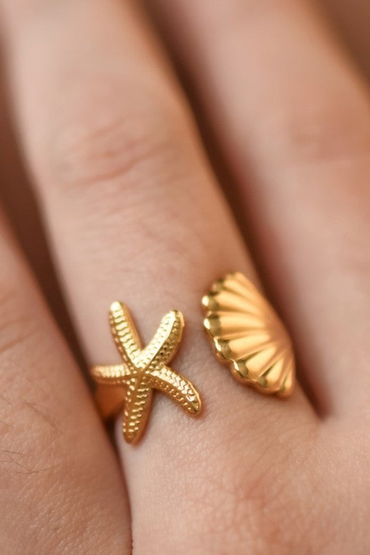 Golden Seashell & Starfish Open Ring