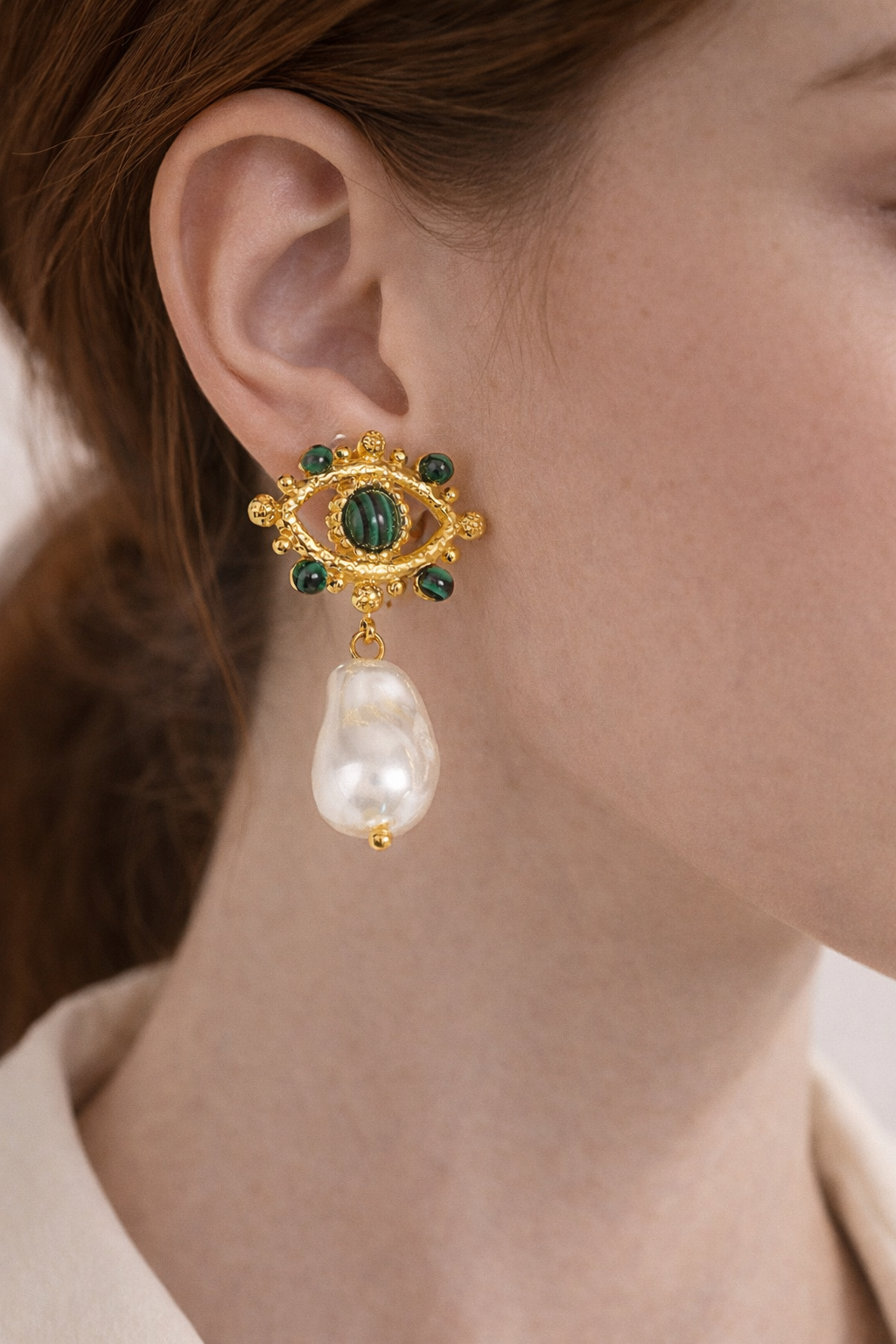 Malachite Evil Eye Pearl Dangle Earrings