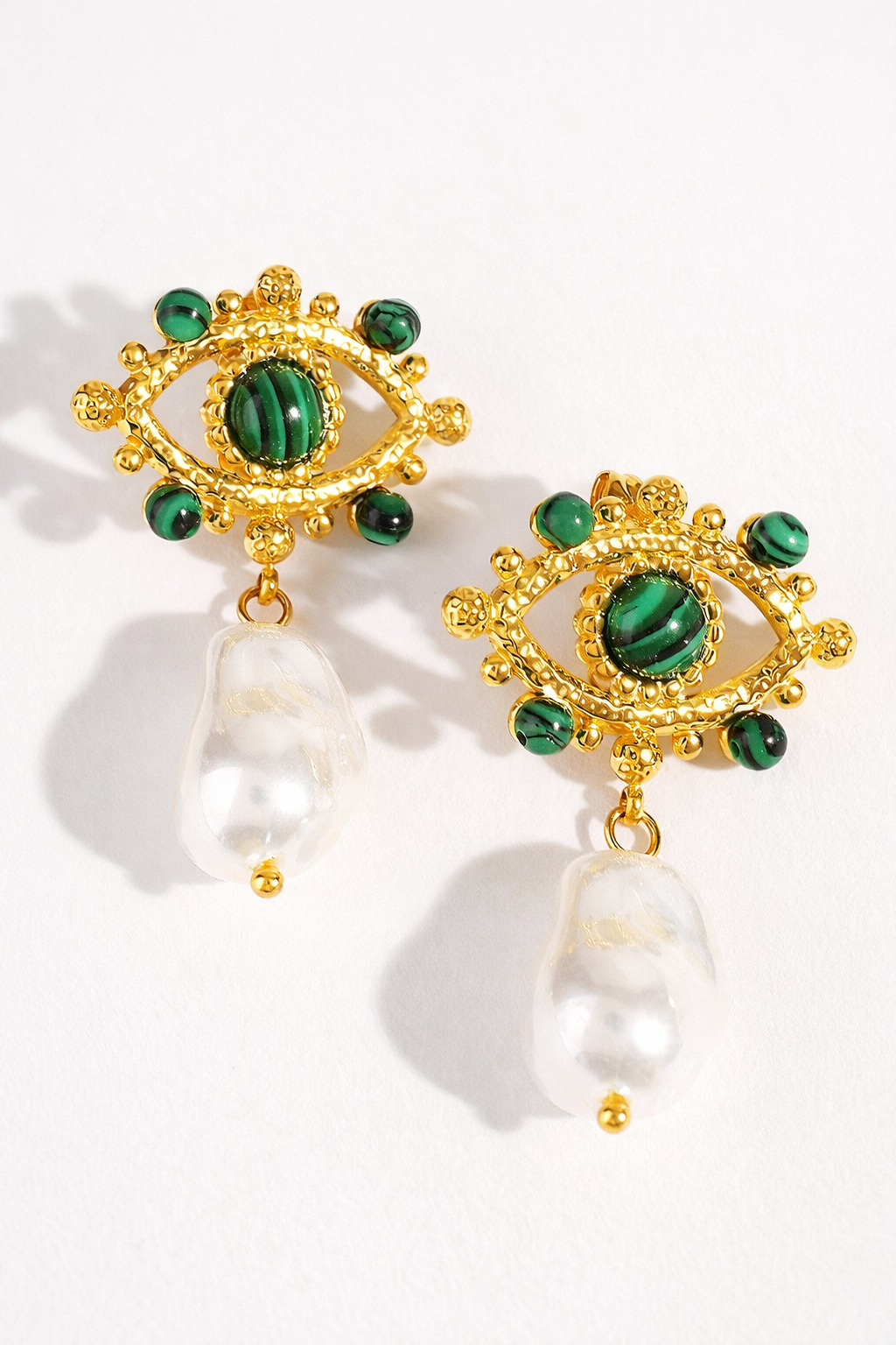 Malachite Evil Eye Pearl Dangle Earrings