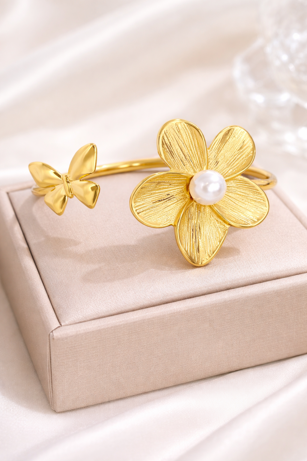 Golden Blossom Pearl Open Cuff Bracelet