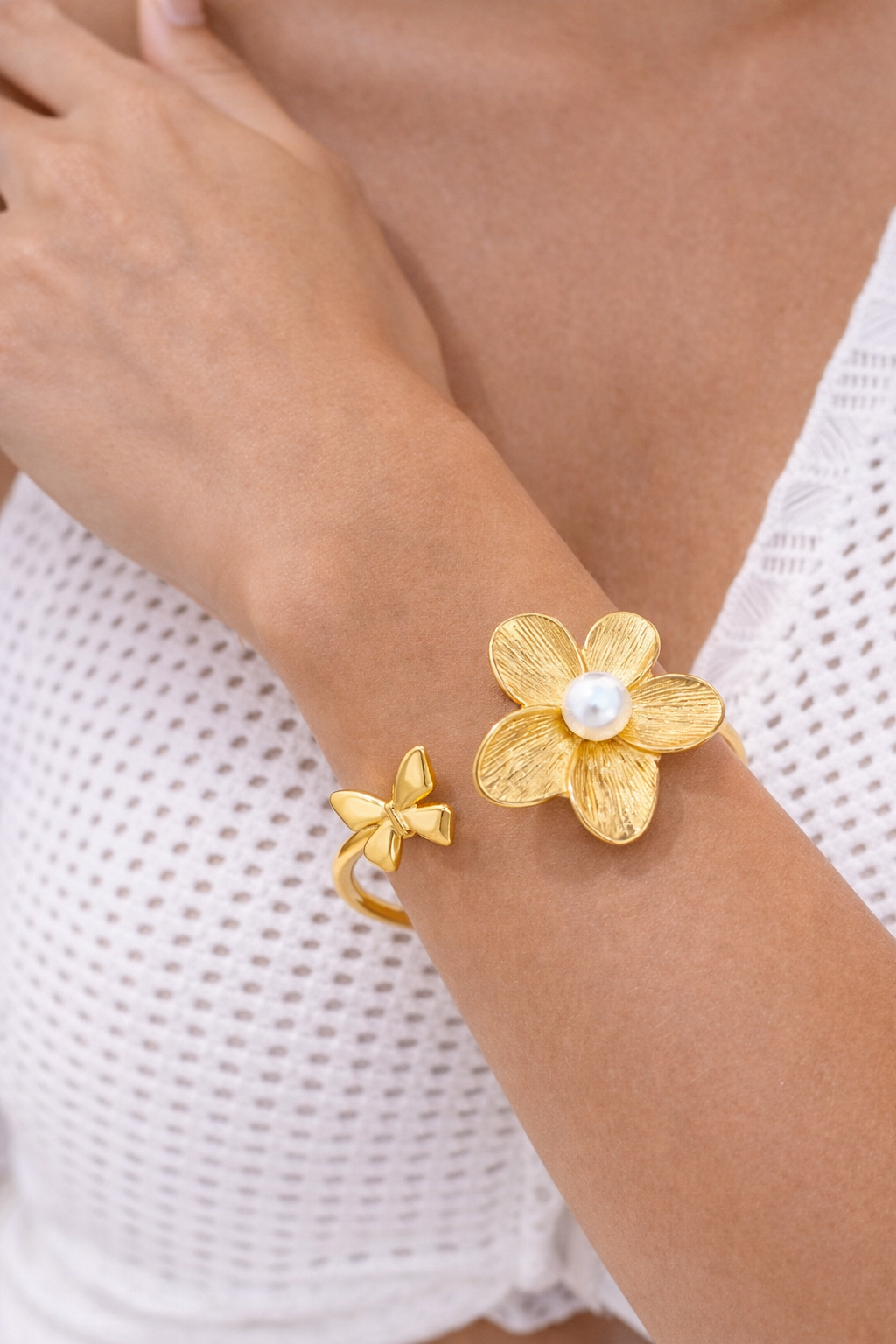 Golden Blossom Pearl Open Cuff Bracelet