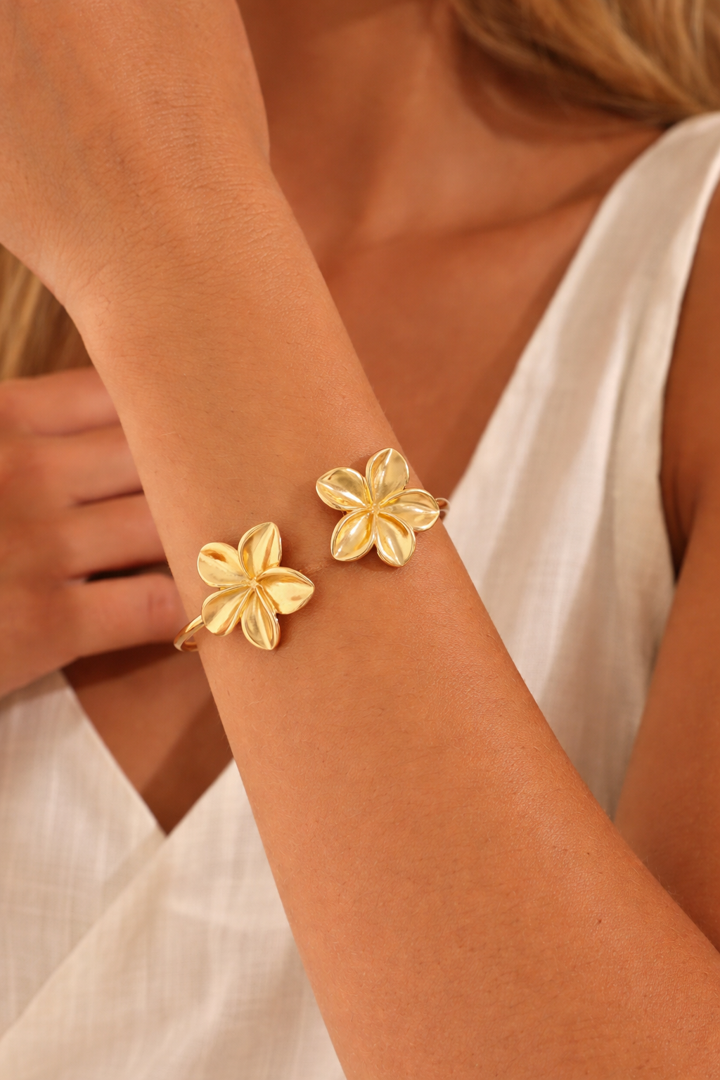 Golden Tropic Plumeria Open Cuff Bracelet