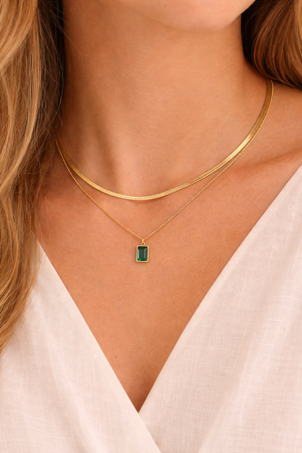 Emerald Layered Pendant Necklace – Gold Stainless Steel