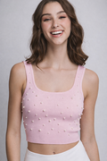Rose Pearl Detail Ribbed Crop Top