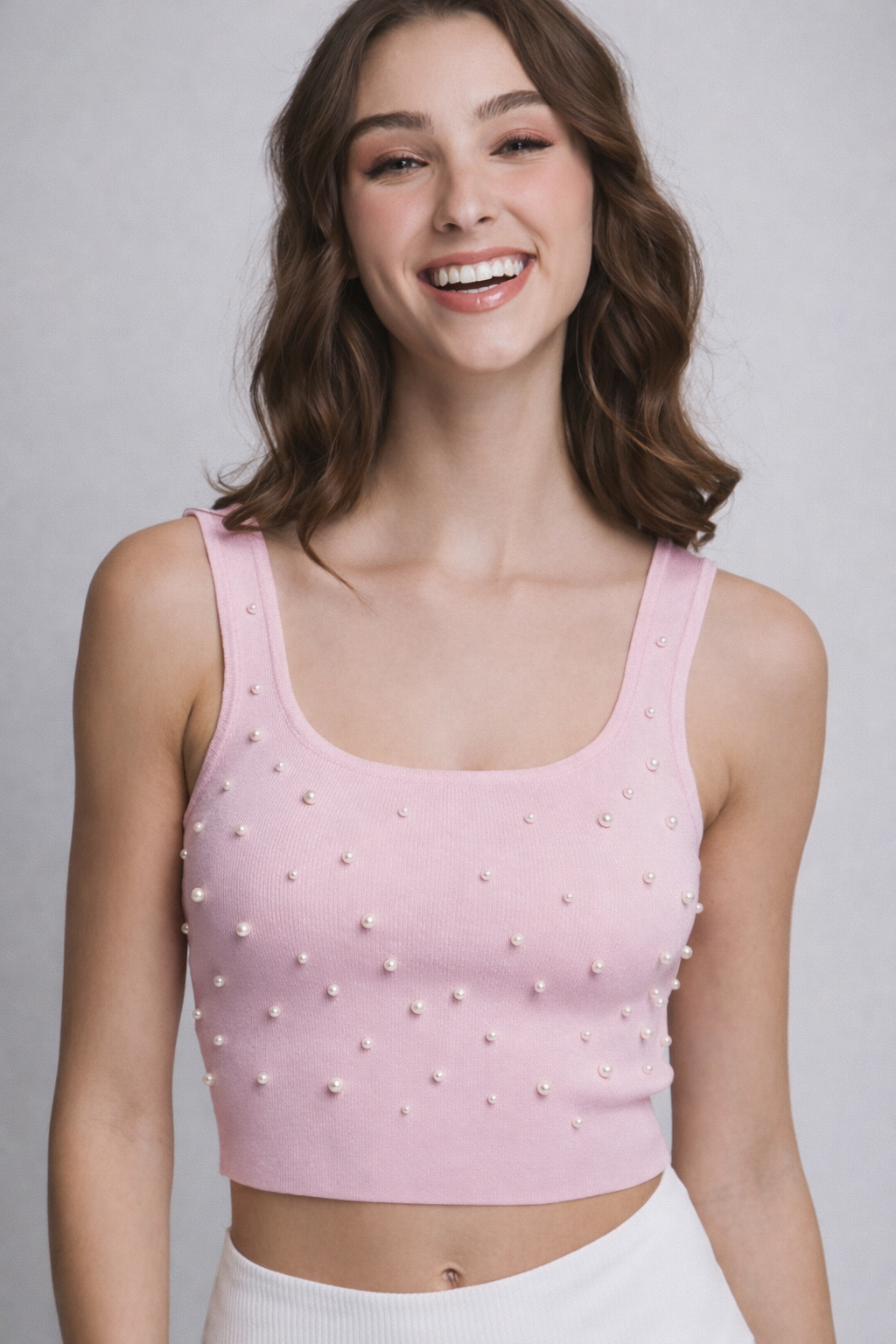Rose Pearl Detail Ribbed Crop Top