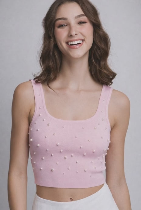 Rose Pearl Detail Ribbed Crop Top